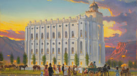 Painting of the St. George temple with Mormon patrons in late 19th=century attire gathering outside alongside horse-drawn open carriages. The ground is wet, suggesting it recently rained. The sky features a colorful sunset and breaking clouds behind the red southern Utah bluffs.